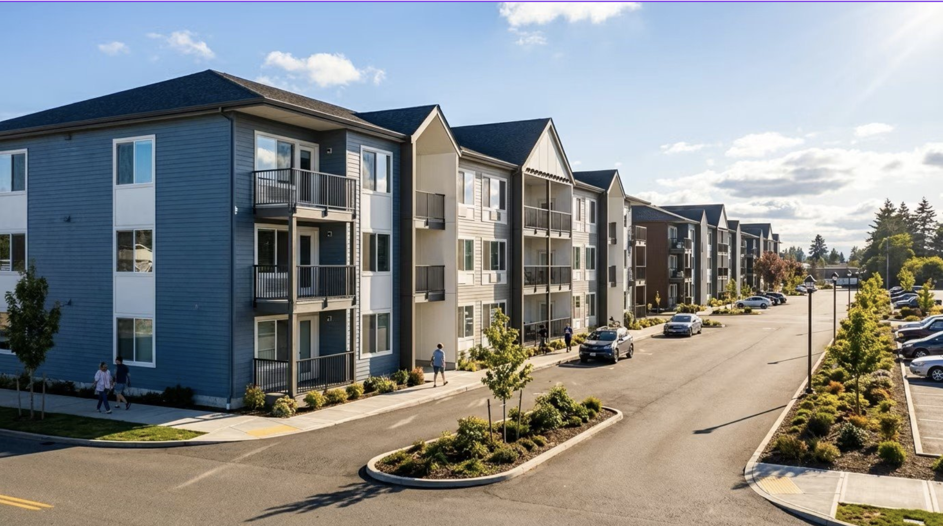 Illustrative multifamily architecture with landscaped streets and balconies