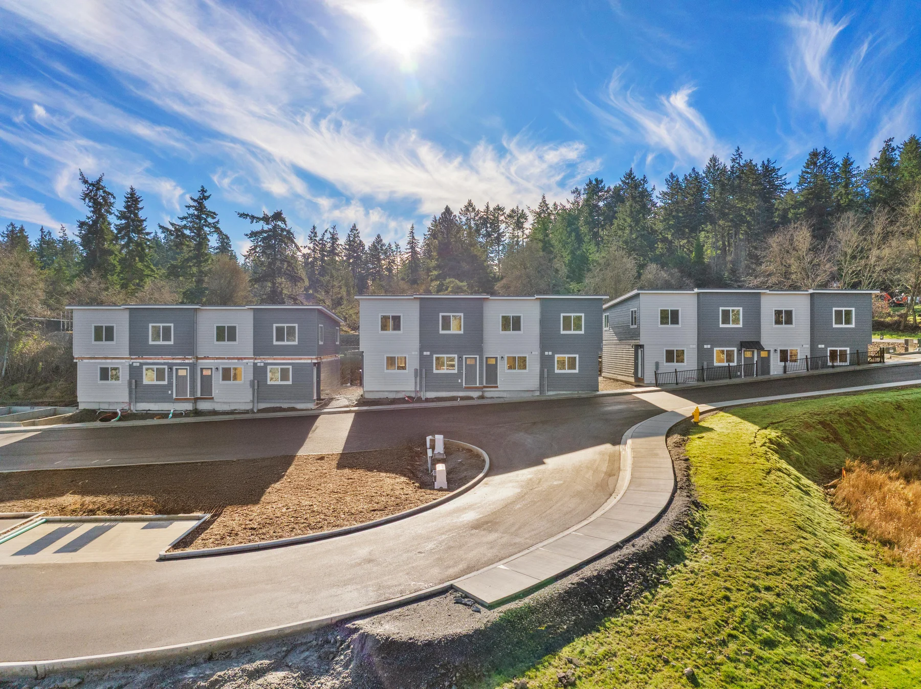 Elevated view of the Guard Street townhome buildings and access road