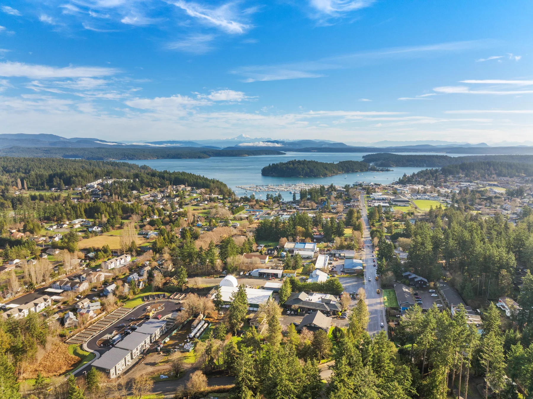 Aerial view across Friday Harbor toward the harbor and surrounding islands